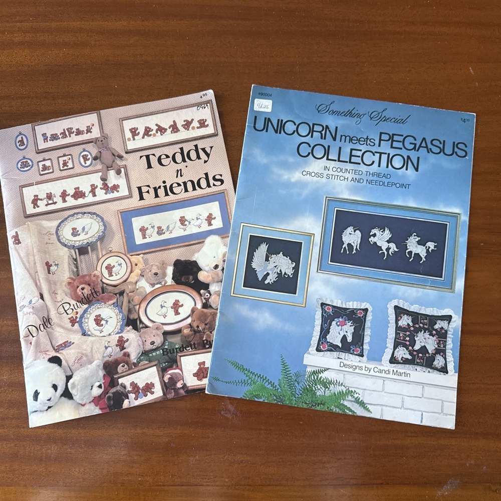 Vintage Cross Stitch Pattern Books Teddy Bears Unicorn Pegasus Lot 2
